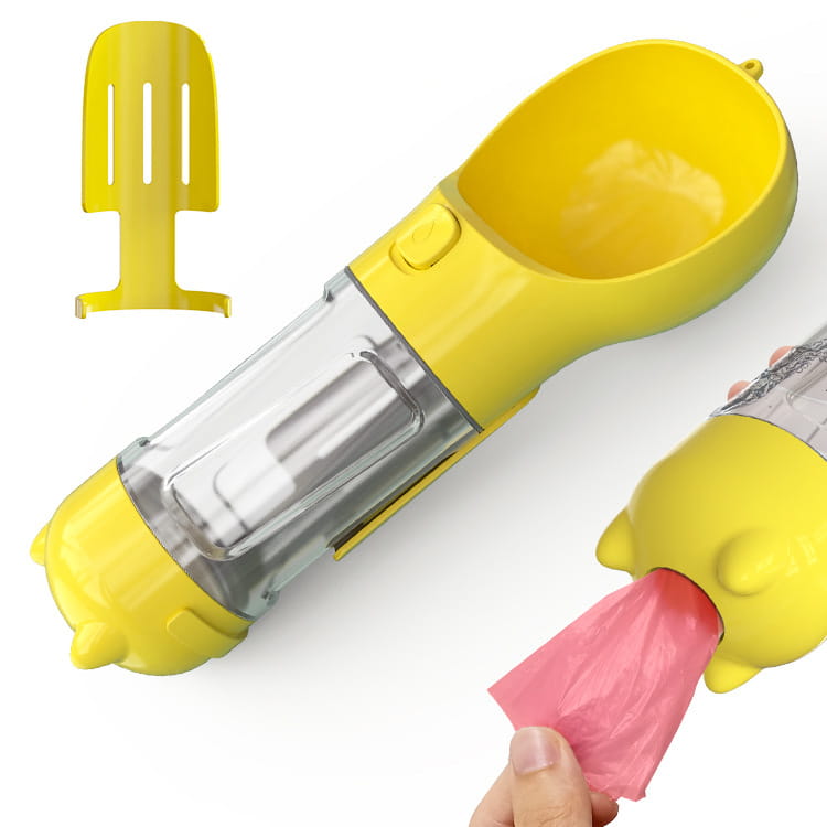 Yellow Portable Pet Water Bottle for Dogs with Feeder Bowl and Garbage Bag Storage