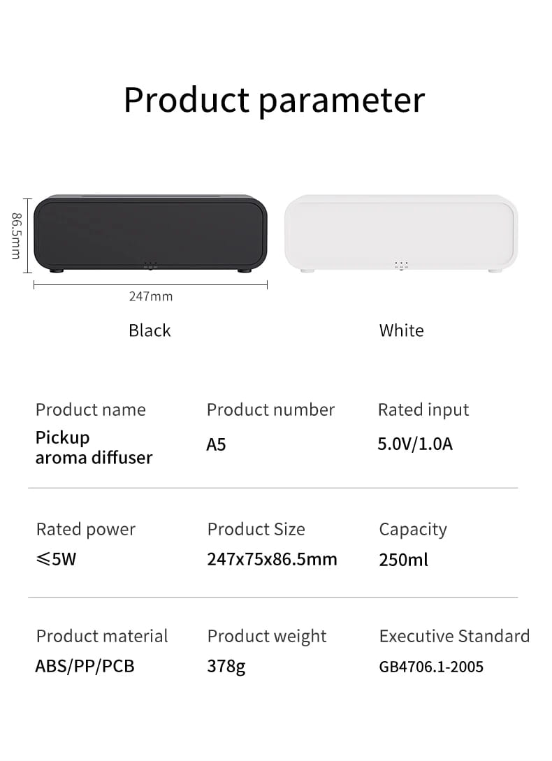 Aroma diffuser product parameters for Flame Dynamic Aroma Diffuser with Remote Control.