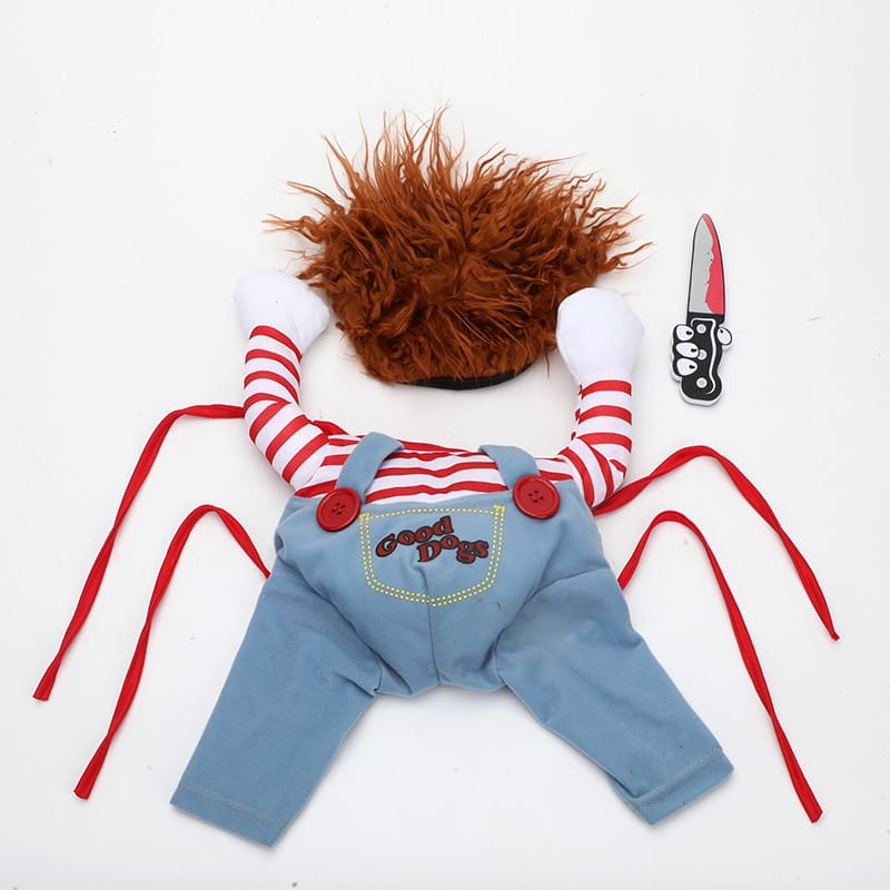 Chucky doll Halloween pet costume for dogs in adjustable dog cosplay design.