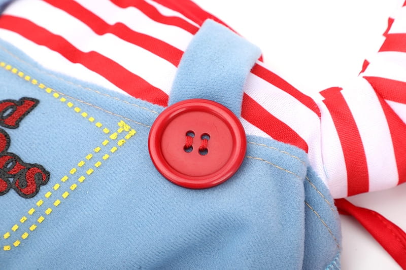 Blue fabric overalls with red button for Adjustable Halloween Pet Costume for Dogs.