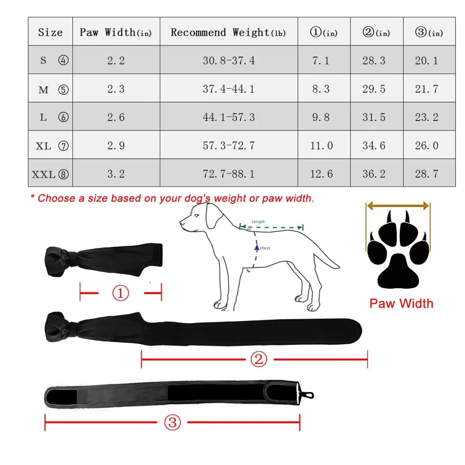 Dog leg wrap sizing chart for Waterproof Dog Shoes Anti Dirty Boots for Outdoor Adventures