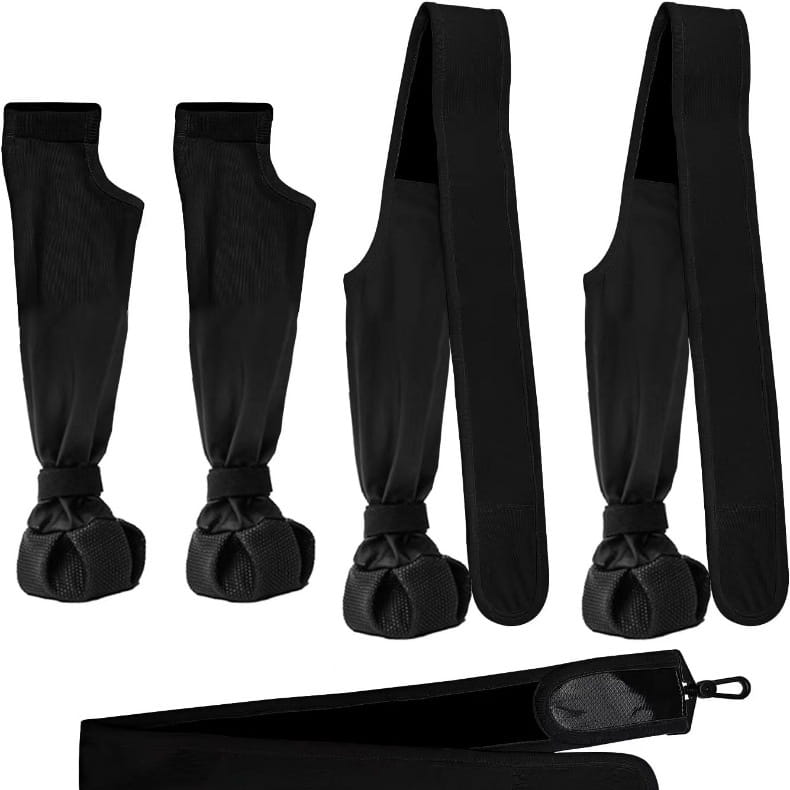 Black golf club travel covers paired with Waterproof Dog Shoes Anti Dirty for outdoor use.