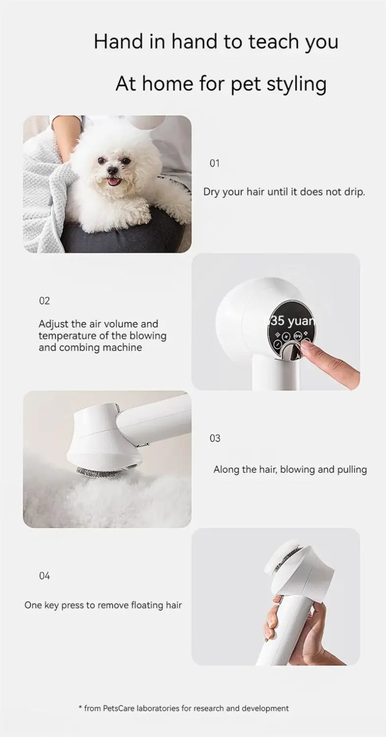 Pet hair dryer instructions for effective grooming of Golden Retrievers and cats.