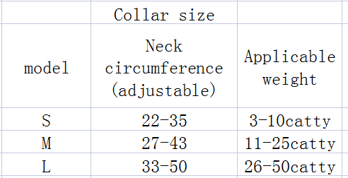 Collar size chart for Retractable Dog Leash with Automatic Collar Spotlight Feature