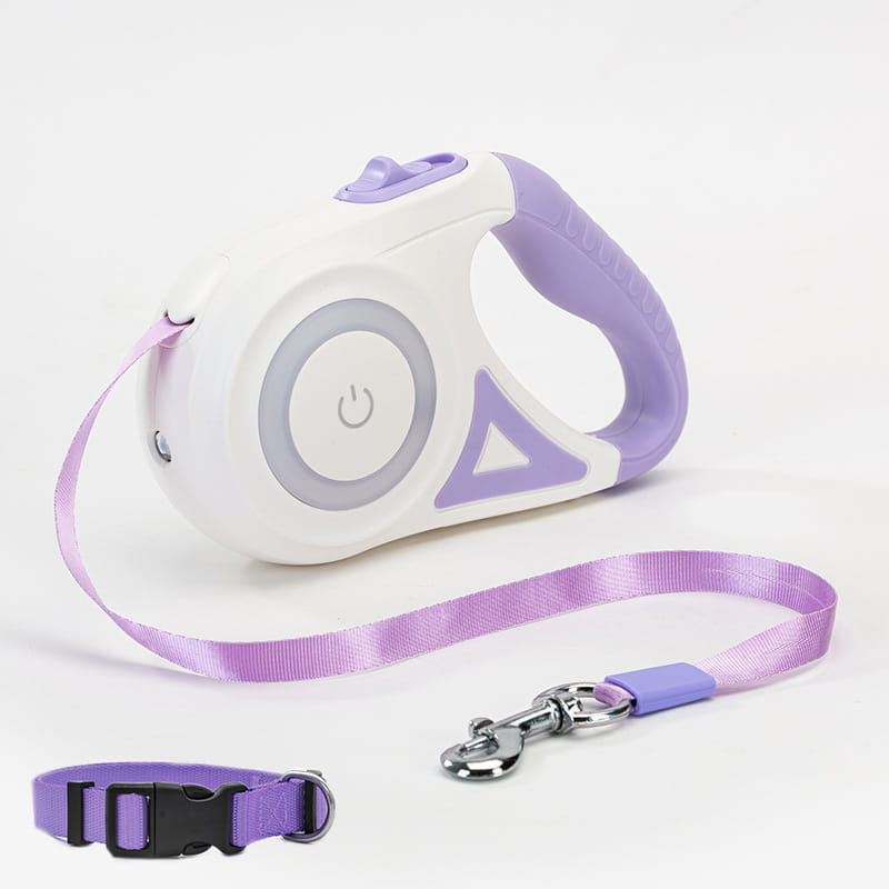 Purple and white dog leash retractable with matching collar spotlight automatic feature