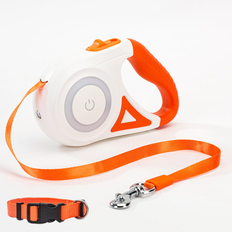 Orange and white dog leash retractable with collar spotlight automatic feature.