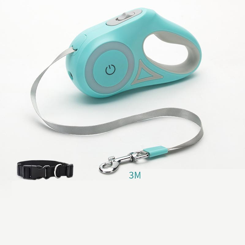 Turquoise retractable dog leash with collar spotlight automatic feature for pets