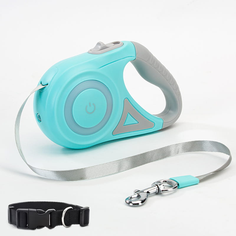 Turquoise dog leash retractable with black collar spotlight automatic feature.