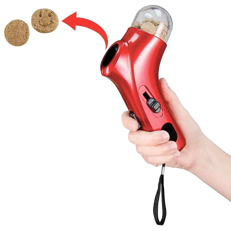 Red dog treat dispenser in Pet Food Catapult Feeder Funny Dog Toy with strap.