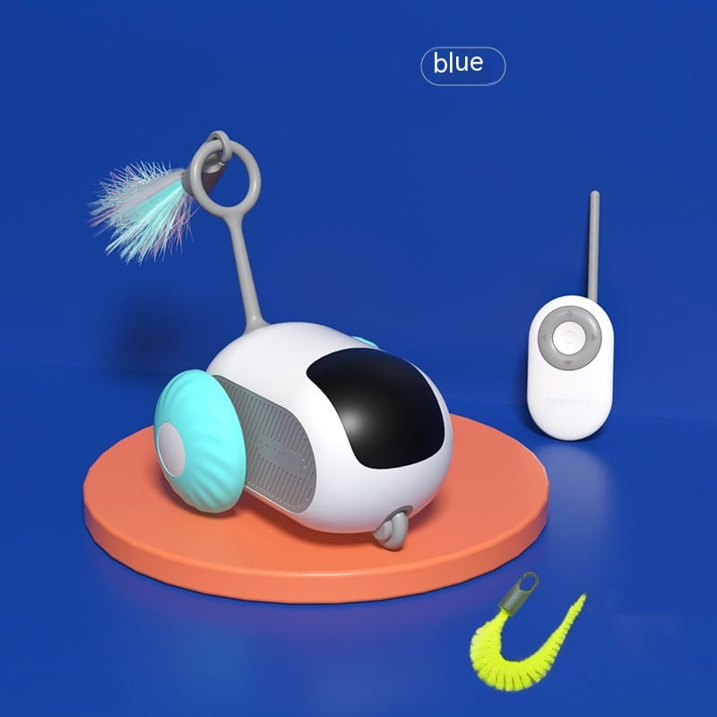 White robotic cat toy with blue accents for the Interactive Cat Car USB Charging feature.