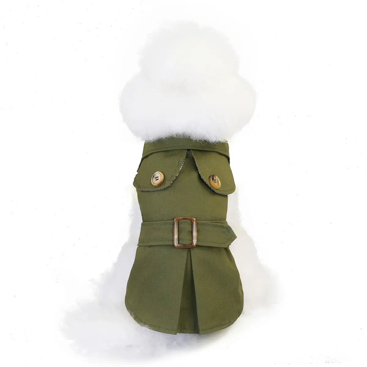 Olive green dog trench coat from the Three Color Windbreaker for trendy dog clothes.