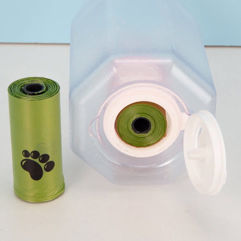 Green dog waste bags for the Portable Cat Dog Water Bottle with Food Feeder Drinker.