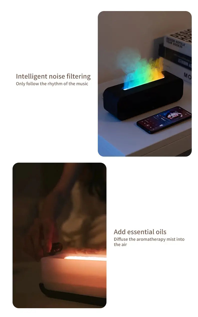 Flame Dynamic Aroma Diffuser with Remote Control featuring colorful lighting effects.