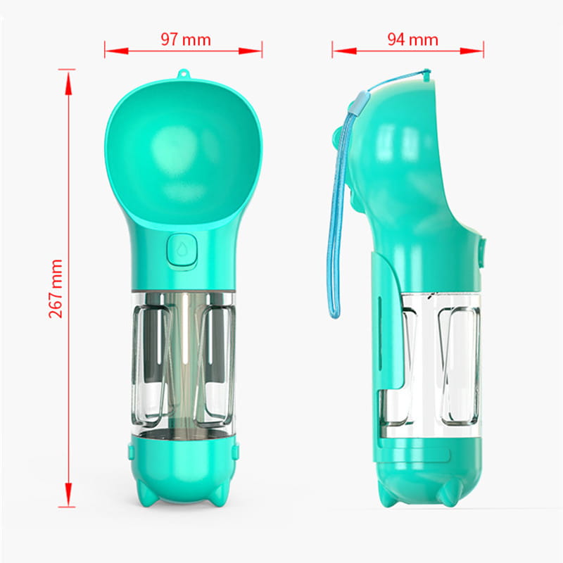 Teal pet water bottle dimensions for Portable 3 in 1 Water Bottle Feeder Bowl.