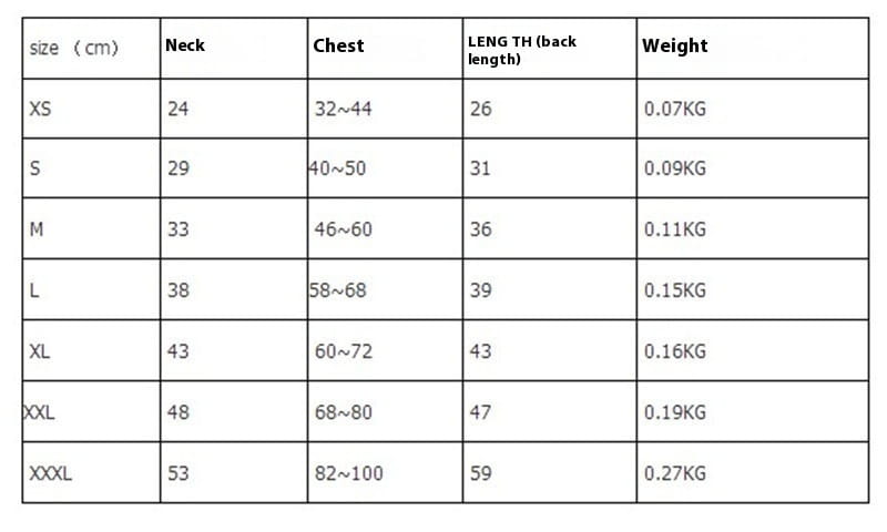 Size chart for Thickened Warm Pet Polar Fleece Vest for Winter Dog Clothes.