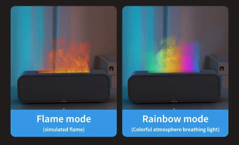 Flame Dynamic Aroma Diffuser with Remote Control showing flame and rainbow modes