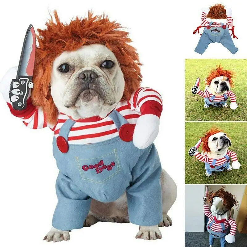 Dog in Chucky costume wearing adjustable Halloween pet costume for funny dog clothes