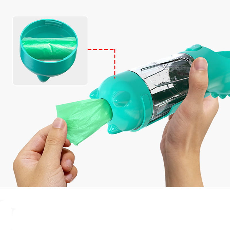 Teal plastic dog waste bag dispenser for Portable 3 in 1 Pet Water Bottle Feeder Bowl