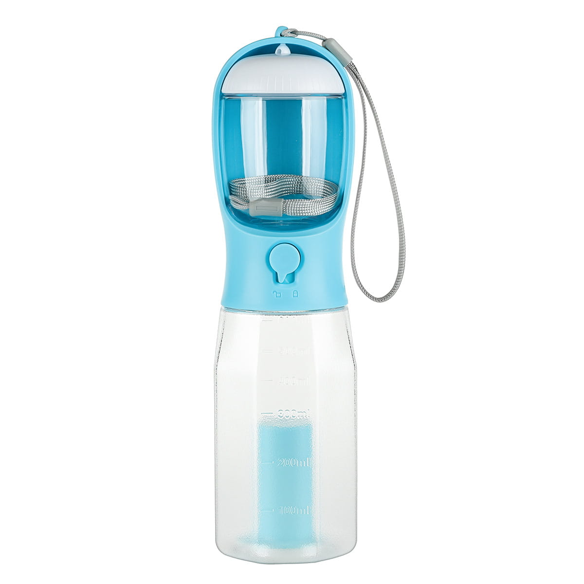 Portable Cat Dog Water Bottle with Food Feeder Drinker for pets in blue and clear design.