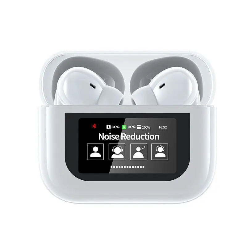 White wireless earbuds in charging case for Bluetooth Headset Touch with Intelligent Noise Reduction