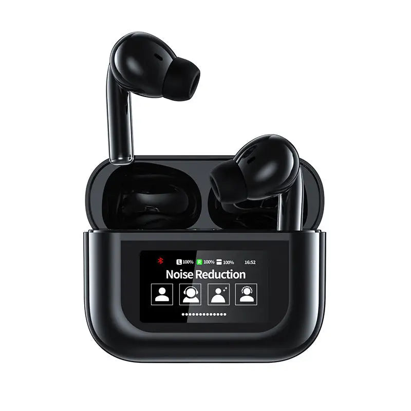 Black wireless earbuds and charging case for Bluetooth Headset Touch with Intelligent Noise Reduction