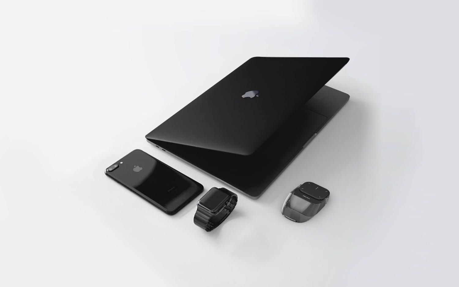 Black Apple devices showcasing Smart Split Air Mouse with wireless charging functionality.