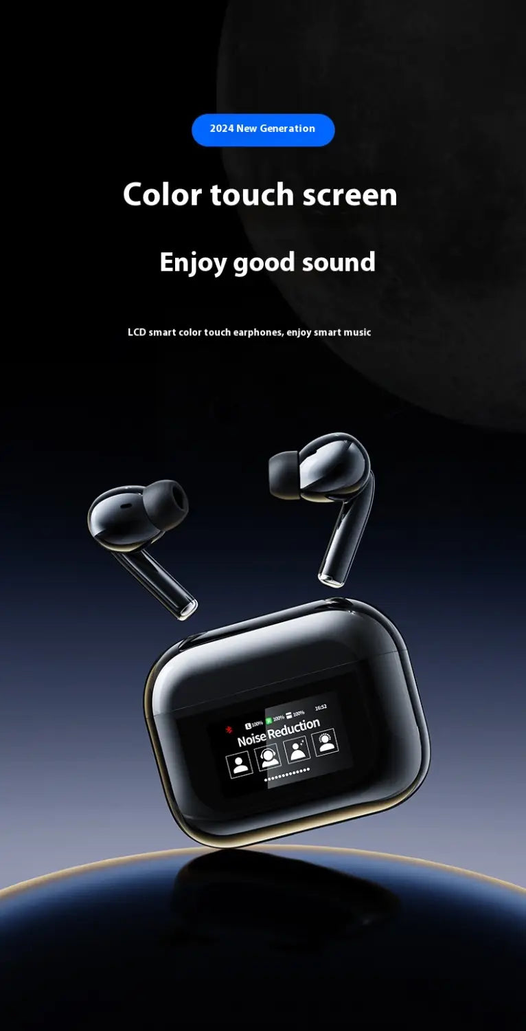 Black wireless earbuds with charging case for Bluetooth Headset Touch Screen.