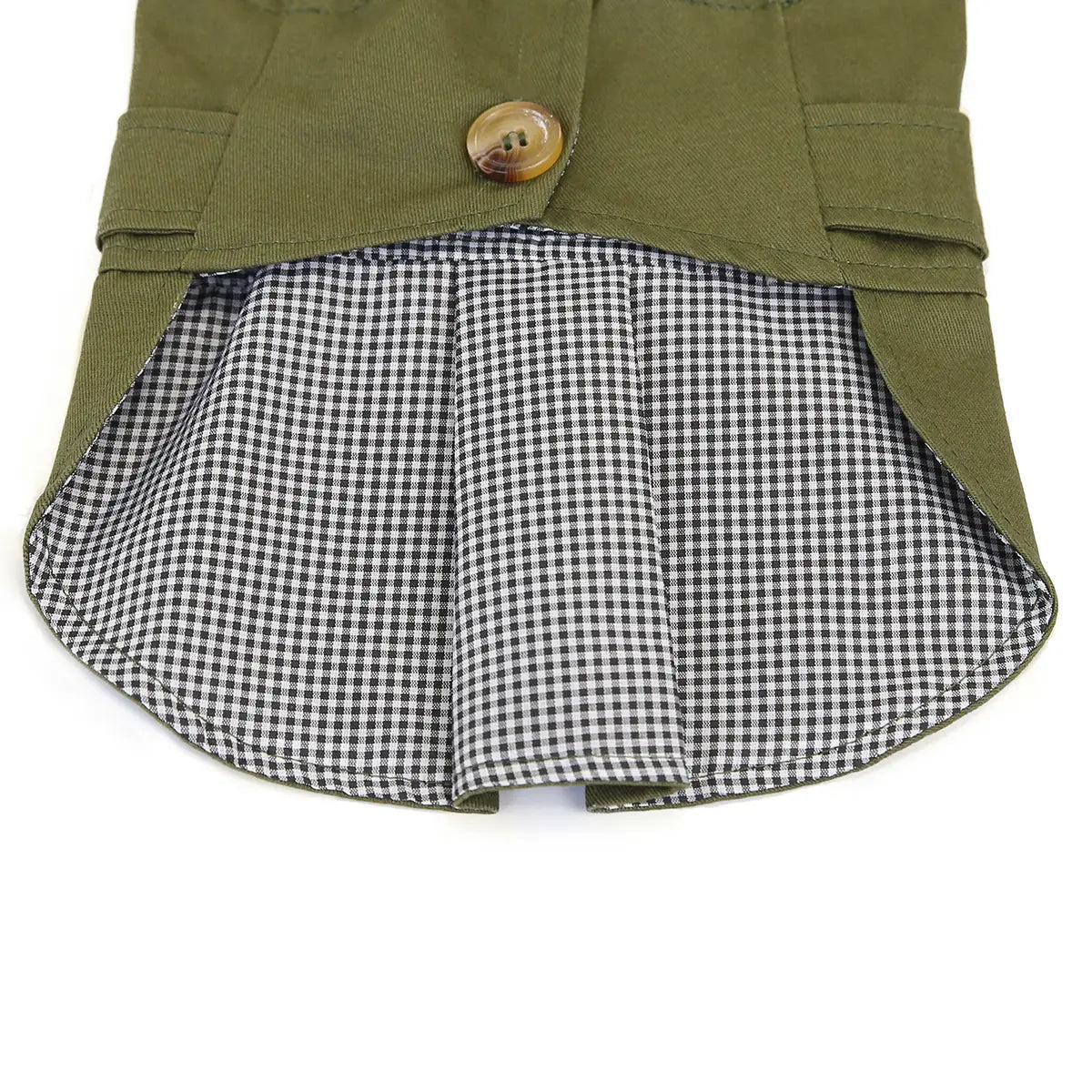 Olive green Three Color Windbreaker dog coat with a checkered skirt for trendy dog clothes