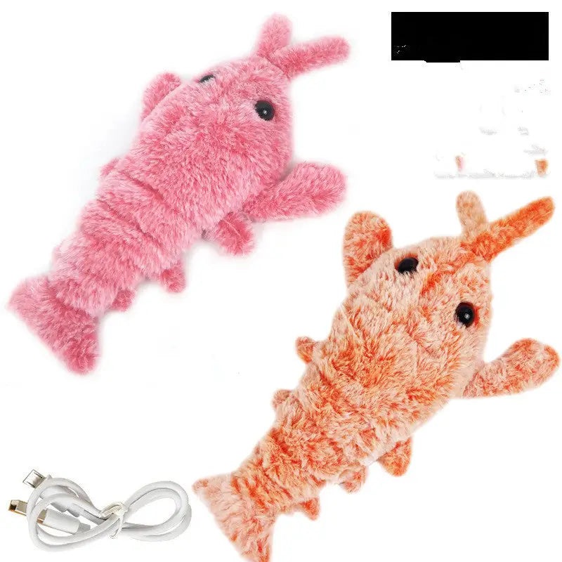 Two plush Electric Jumping Shrimp toys with a USB charging cable for simulation fun