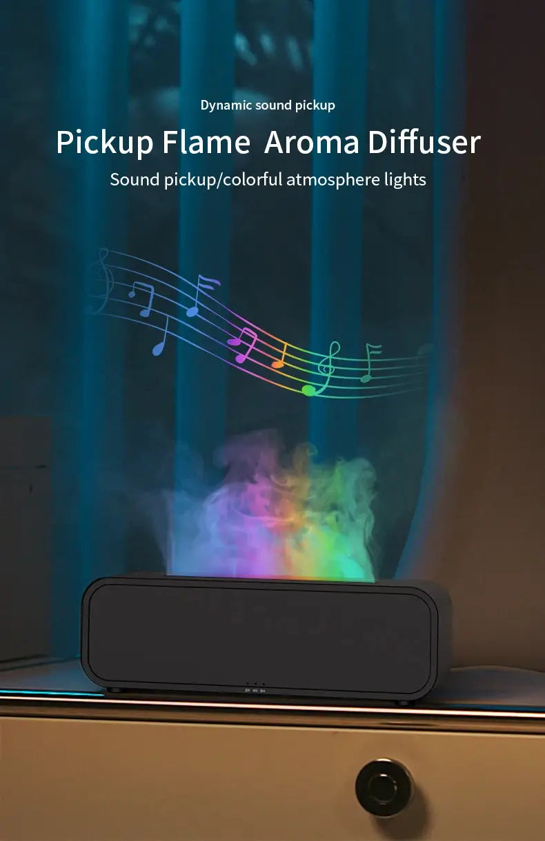 Black Flame Dynamic Aroma Diffuser with Remote Control and colorful light effects.