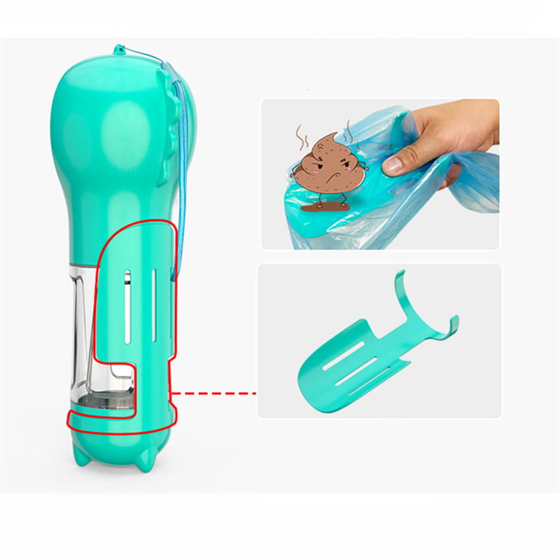 Aqua-colored pet waste scooper for Portable 3 in 1 Pet Water Bottle Feeder Bowl.