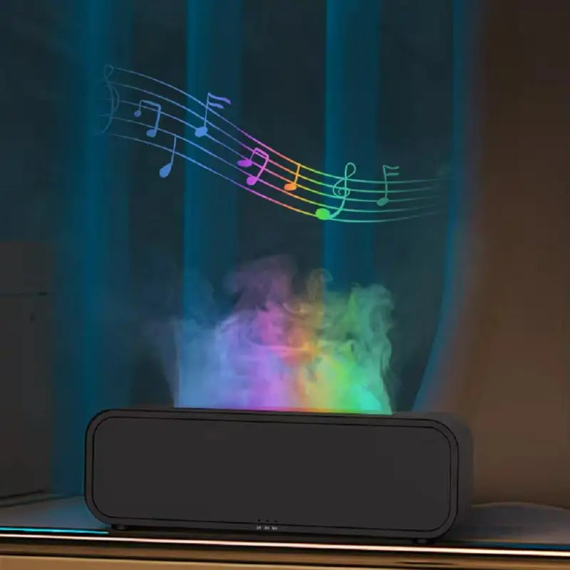 Black Flame Dynamic Aroma Diffuser with Remote Control surrounded by colorful smoke and notes