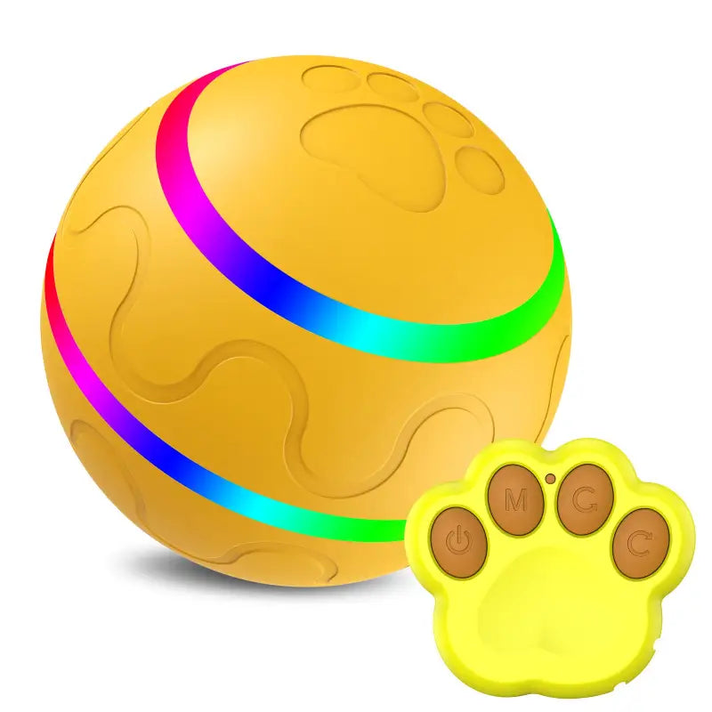 Yellow Intelligent USB Cat Wicked Ball Toy with colorful light band and paw-shaped remote