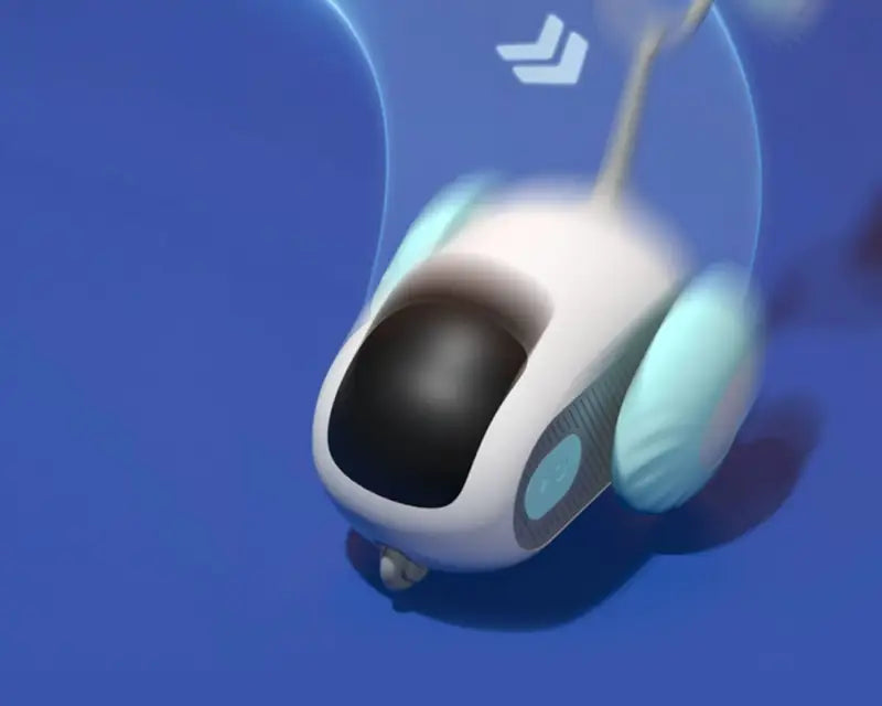 Futuristic white remote control interactive cat car toy with blue accents and USB charging