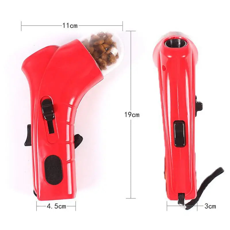 Red plastic dog treat dispenser for Pet Food Catapult Feeder with wrist strap