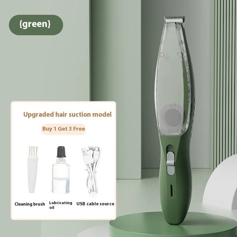 Green pet shaver with vacuum cleaner bass noise for easy grooming and clean trimming