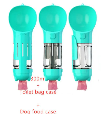 Turquoise Portable Pet Water Bottle Feeder with Bowl and Garbage Bag Storage