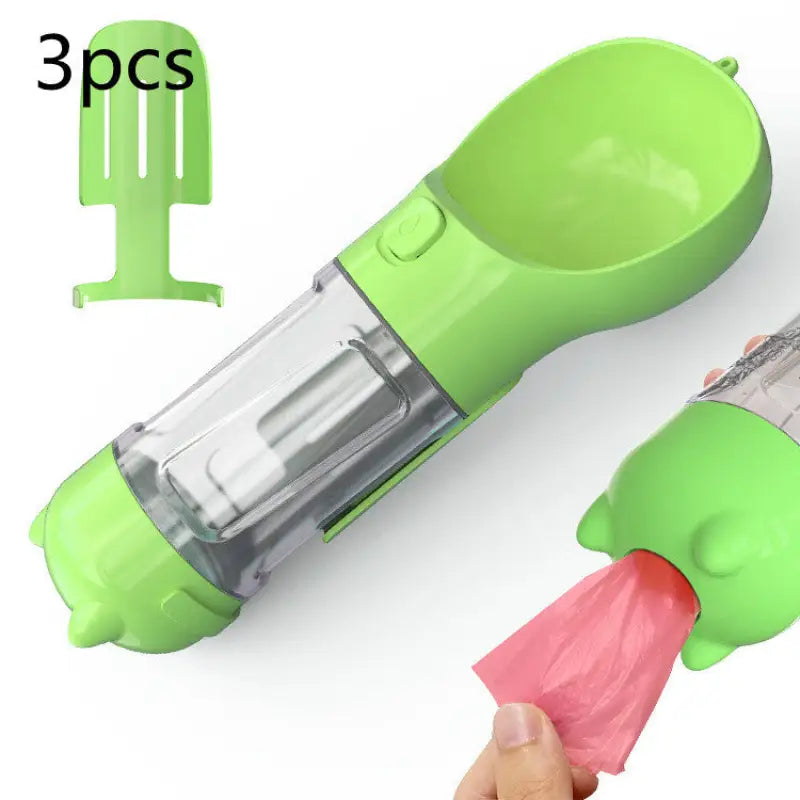 Green portable pet water bottle in a 3 in 1 Water Bottle Feeder Bowl with storage