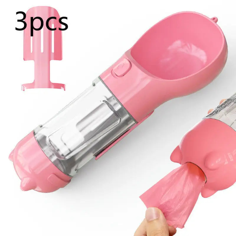 Pink Portable Pet Water Bottle in 3 in 1 Feeder Bowl with Garbage Bag Storage