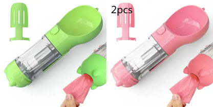 Two Portable Pet Water Bottles with Waste Bag Dispensers for Easy Hydration and Cleanup