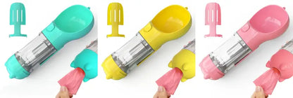 Portable pet water bottle with waste bag dispenser in a 3 in 1 Bottle Feeder Bowl