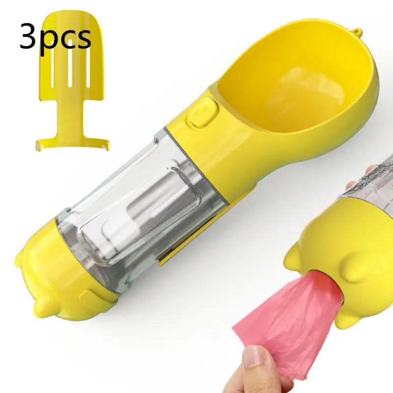 Yellow multi-functional pet water bottle in Portable 3 in 1 Pet Water Bottle Feeder Bowl