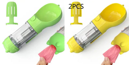 Two multi-functional pet water bottles in a Portable 3 in 1 Pet Water Bottle Feeder Bowl