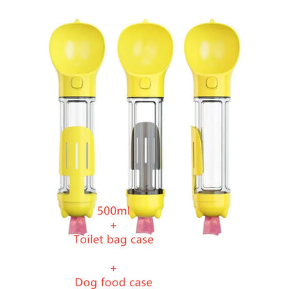 Yellow and clear Portable Pet Water Bottle with Feeder Bowl and Garbage Bag Storage