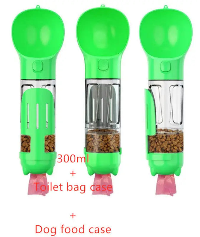 Green Portable Pet Water Bottle Feeder Bowl with Garbage Bag Storage for Pets