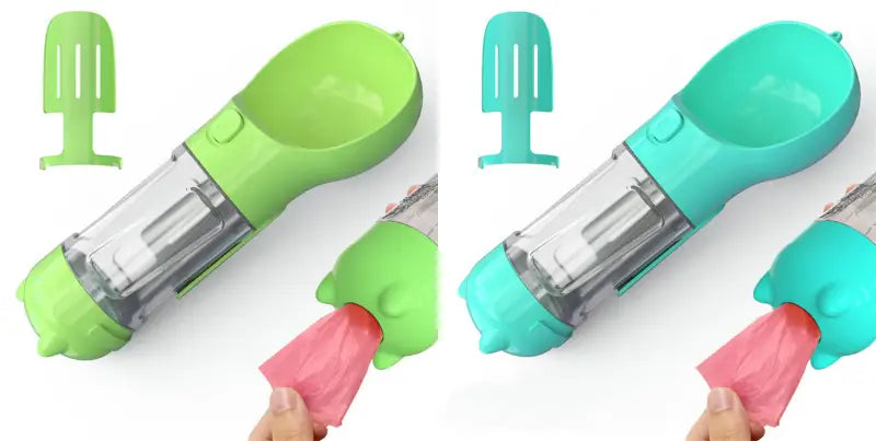 Portable Pet Water Bottle with Waste Bags, a versatile water bottle feeder bowl