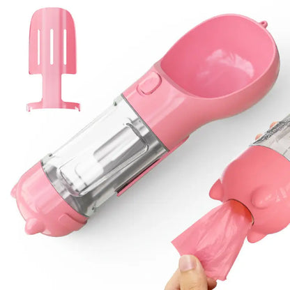 Pink Portable Pet Water Bottle with Waste Bag Dispenser for on-the-go hydration and clean-up