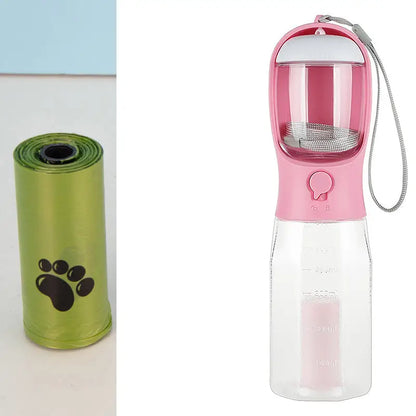 Dog waste bags and pink water bottle for Portable Cat Dog Water Bottle with Food Feeder Drinker