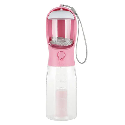 Pink and clear Portable Cat Dog Water Bottle with Food Feeder Drinker and Poop Dispenser