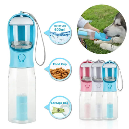 Portable Cat Dog Water Bottle with food feeder drinker and waste bag compartments